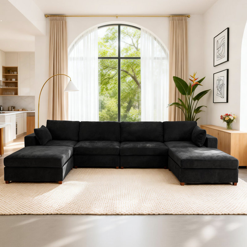 Canapé d'angle rembourré avec 2 repose-pieds, Lin noir, H 26 po x l 151,1 po x P 37,8 po