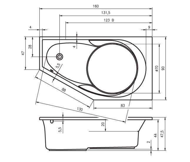 1750mm x 135mm Drop-In Soaking Acrylic Bathtub