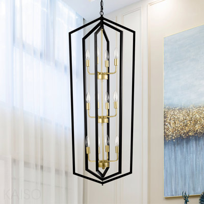 Luminaire suspendu en métal de style lanterne de 12 lumières de style lanterne suspendue au plafond noir avec lustre noir pour îlot de cuisine, salon, vestibule, vestibule (ampoules E12 non incluses)