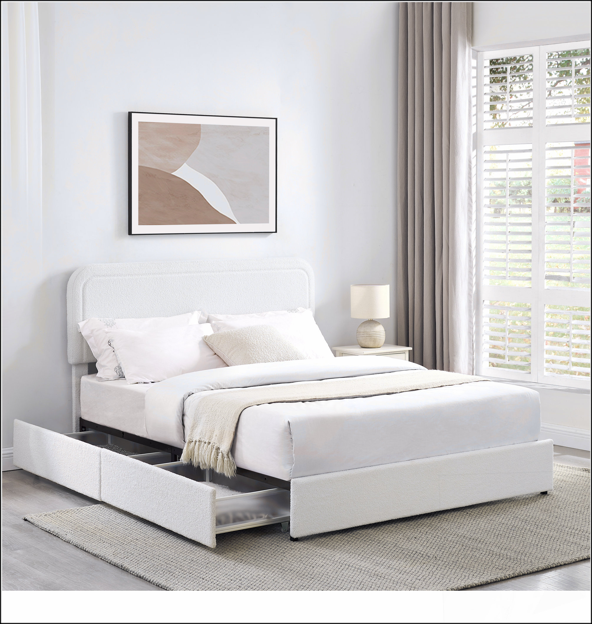 Ebern Designs Queen Size Ivory Boucle Upholstered Platform Bed with ...