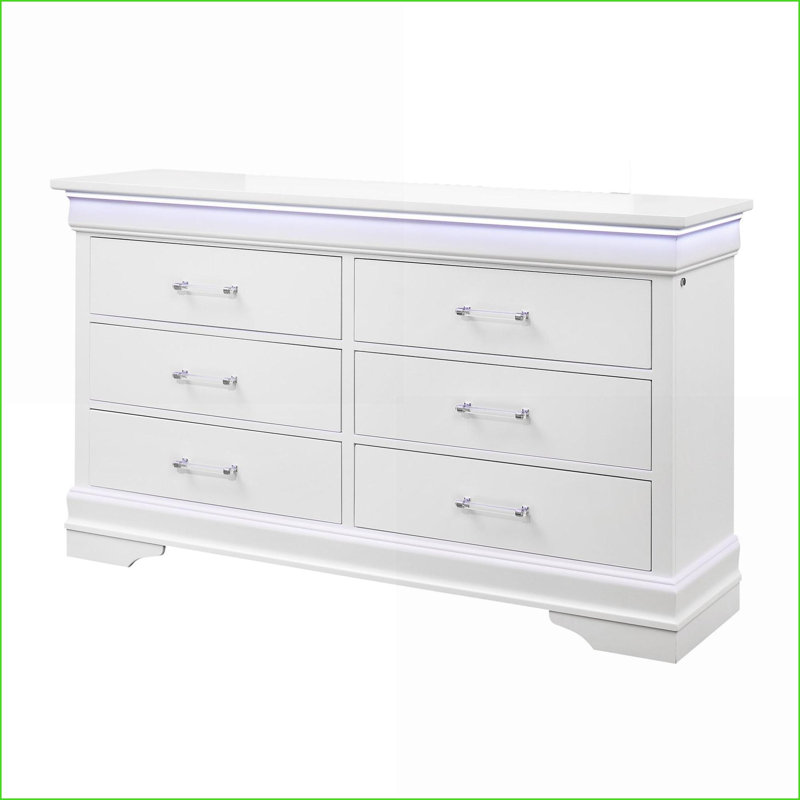 Commodes, commode double 6 tiroirs avec éclairage DEL Charleston | Blanc | Bois massif et panneau de fibres à densité moyenne