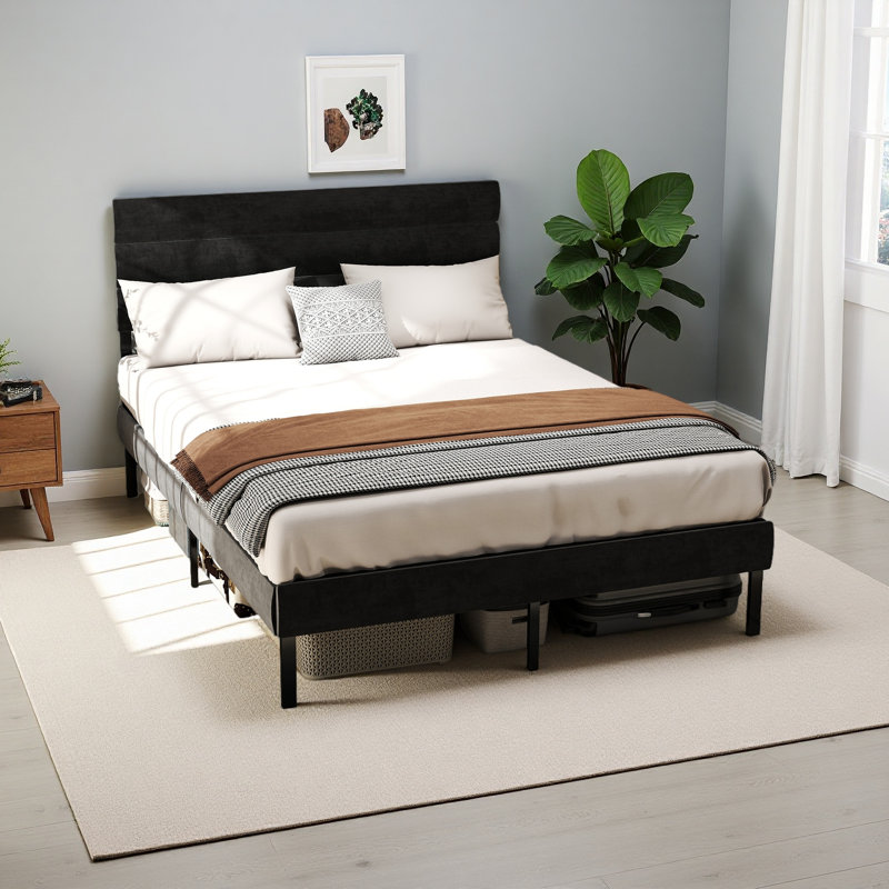 Structure de lit plateforme tapissier - avec tête de lit, aucun sommier nécessaire, rangement sous le lit 14 po, Noir