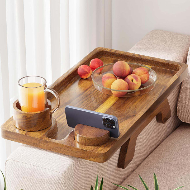 Acacia Wood Sofa Arm Table - 3 In 1 Tray With 360 Phone Holder, Foldable Cup Holder, Clip On Side Table For Wide Couch, Armrest Organizer For Eating/Drink/Snack/Remote