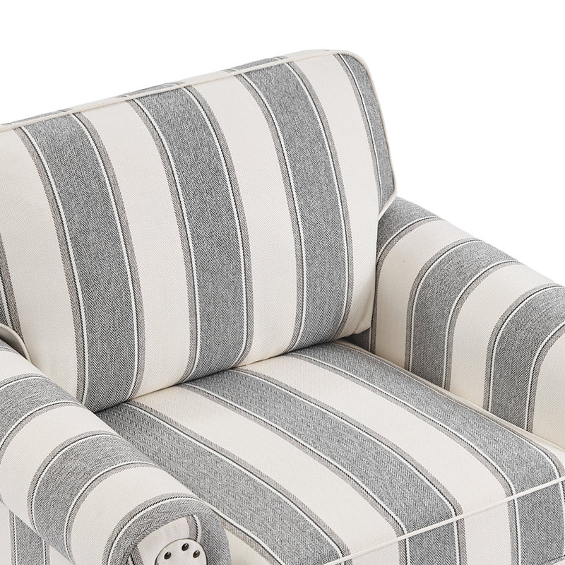 Fauteuil rembourré en coton mélangé avec accoudoirs roulés et garniture cloutée (ensemble de 2), Rayures, gris clair