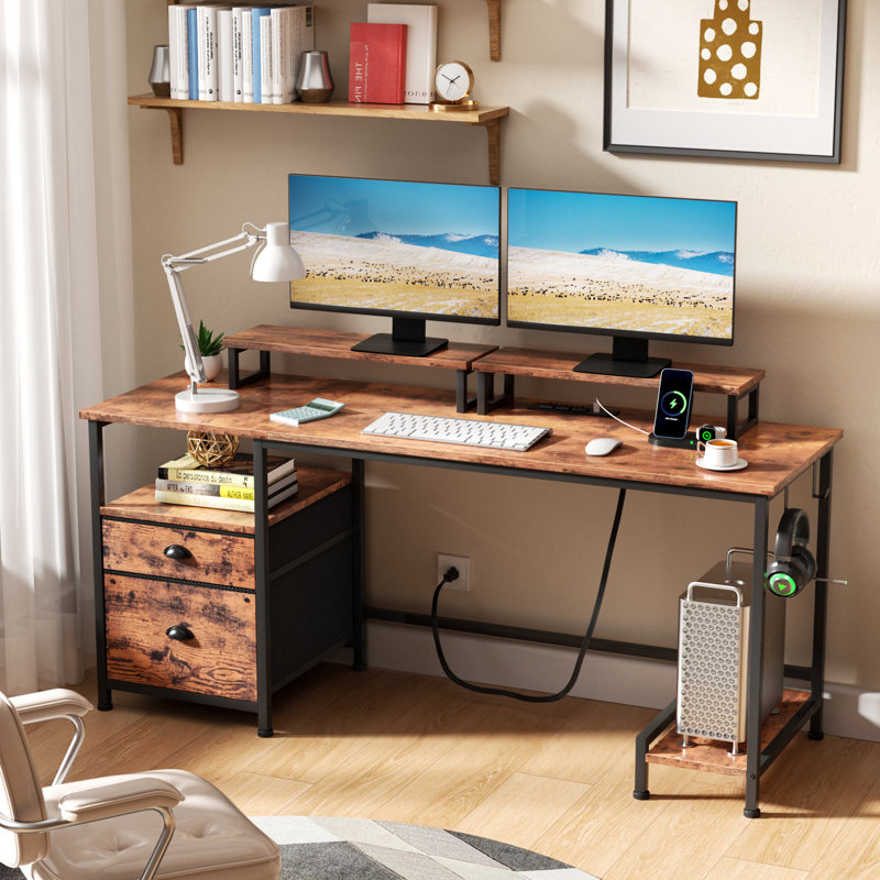 Bureau d'ordinateur de 55 po avec 2 supports pour écran, table de travail pour bureau, brun rustique, Brun rustique / noir