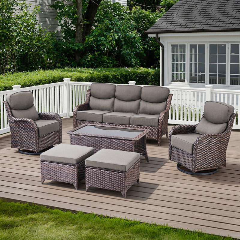 6-Piece Outdoor Wicker Patio Conversation Set With Swivel Chairs And Coffee Table, Brown, Gray