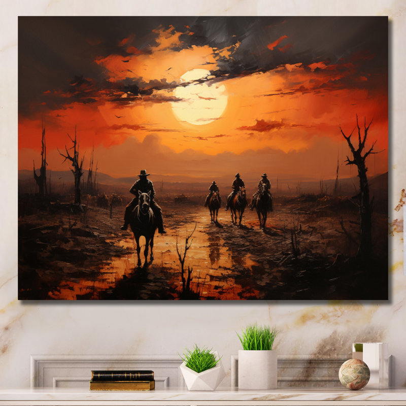 Western Sunset Riders Pointillism Art I - décoration murale occidentale, H 34 po x l 44 po x P 1,5 po, Toile tendue