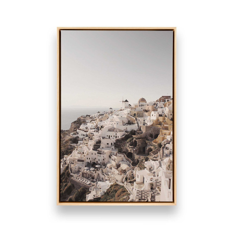 Santorini's Serene Cliffs Rolled Canvas Print, 30.75" H x 20.75" W x 1.75" D, American Maple Floater Framed