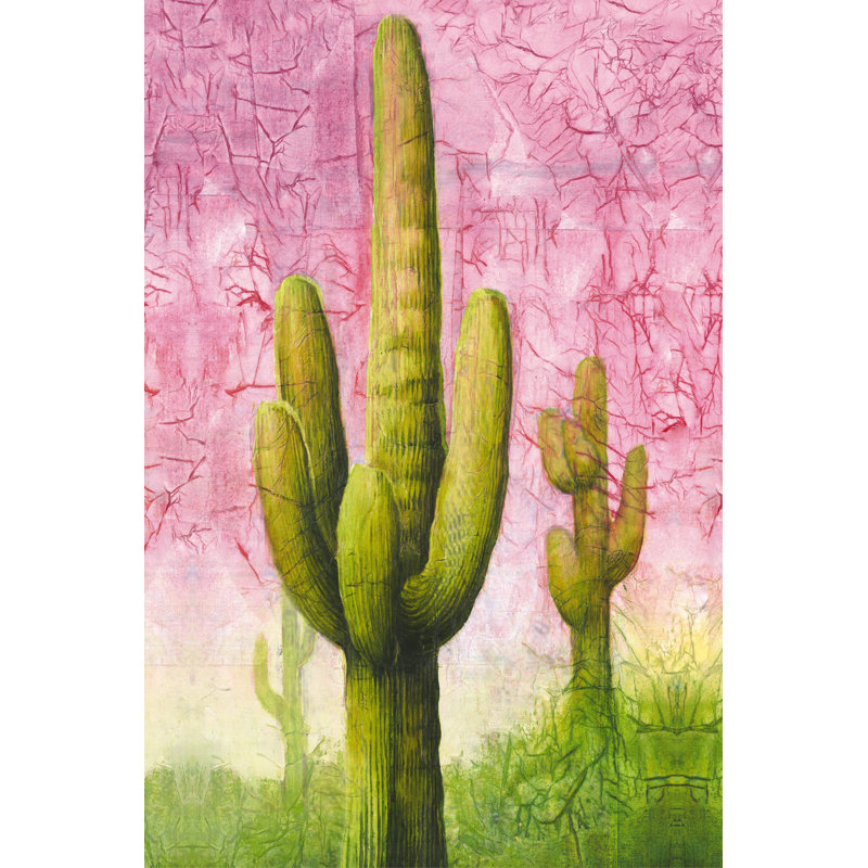 Cacti on Pink - Painting Print, 122 cm H x 81 cm W , Black Floater Framed