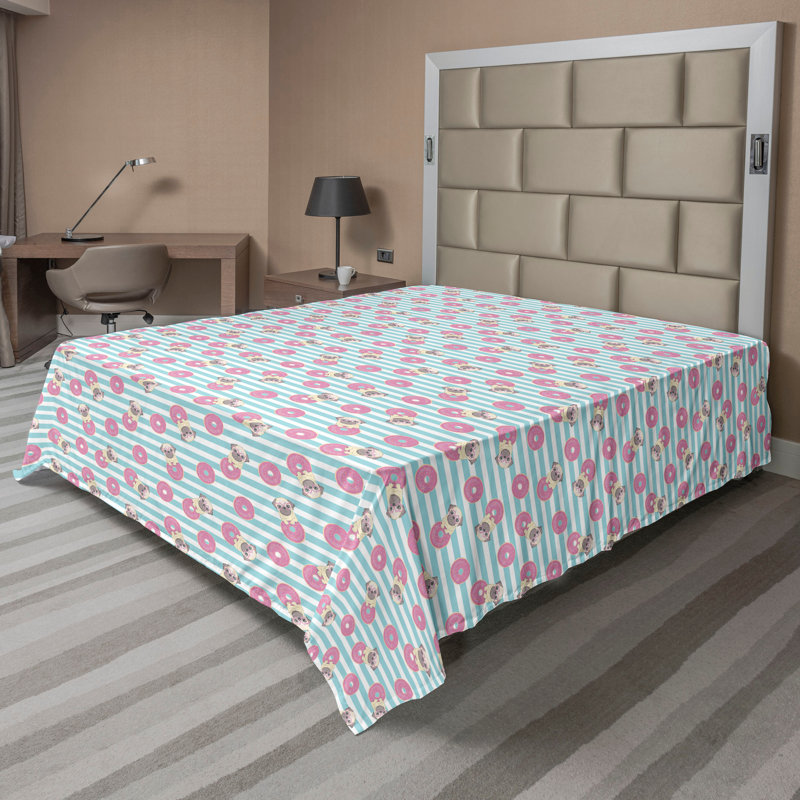 Drap plat moderne de style bohème Ambesonne, Crème / bleu pastel / motif rayé rose, Drap plat pour très grand lit californien