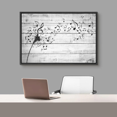 Gray Wood Effect Panel Music Note Dandelion Floral Botanical Modern Large Canvas Print Wall Art