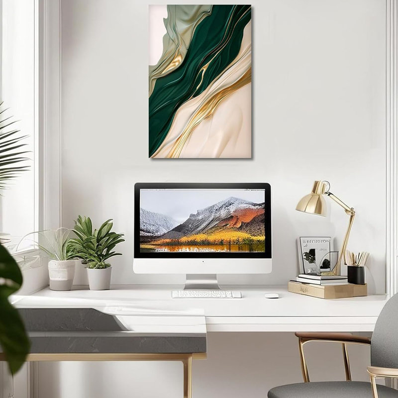Emerald Green Canvas Prints Wall Art Abstract Wall Decor Framed Beige and Gold Texture Picture Modern Posters Artwork for Home Decor Gallery Wrap Ready to Hang - 16.00"x24.00"