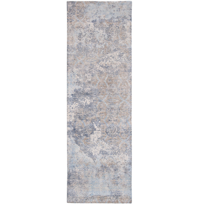 Tapis bleu / ivoire touffeté à la main en laine / viscose Tavant, Tapis de couloir 2 pi 3 po x 8 pi