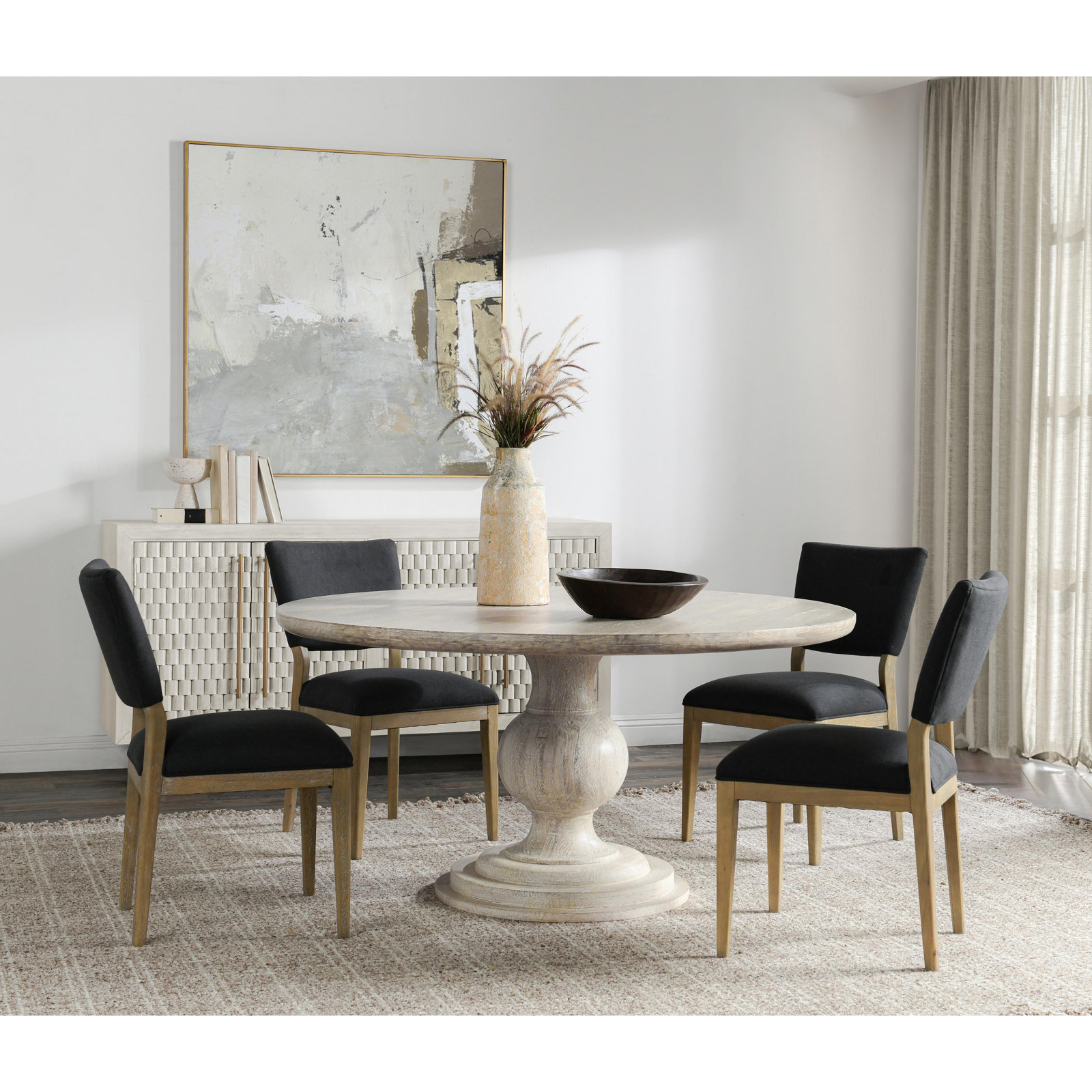 Kimble Round Solid Wood Dining Table, White Washed