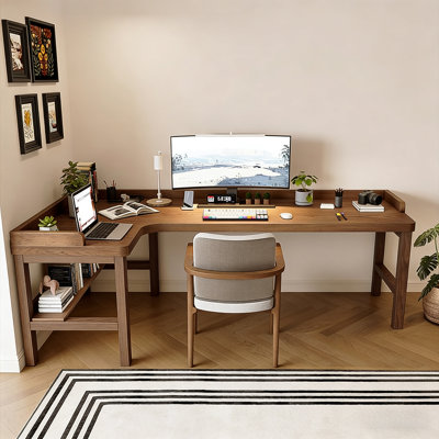 Bureau d'étude de coin en L en bois massif de style Mid-Century moderne avec garde-corps brun foncé