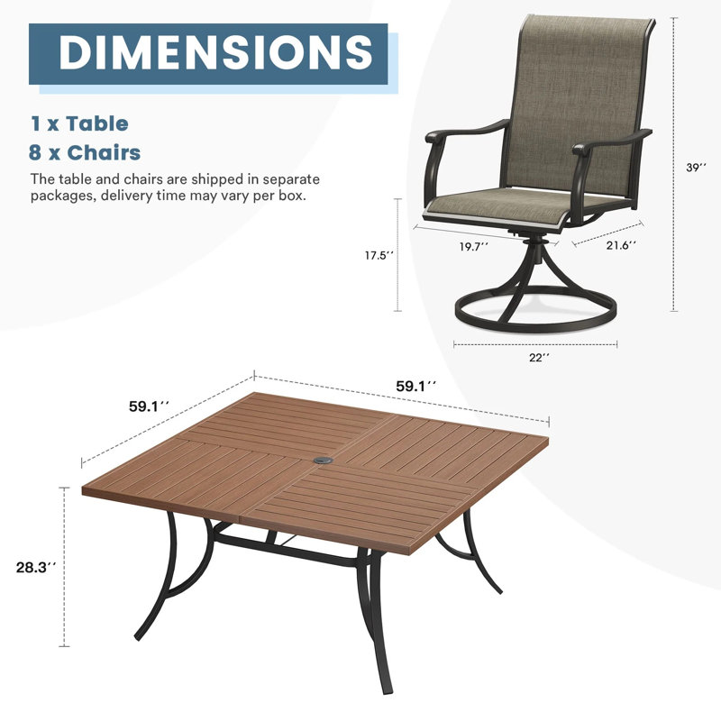 Ensemble repas extérieur 9 pièces avec fauteuil pivotant 9 pièces, Brun