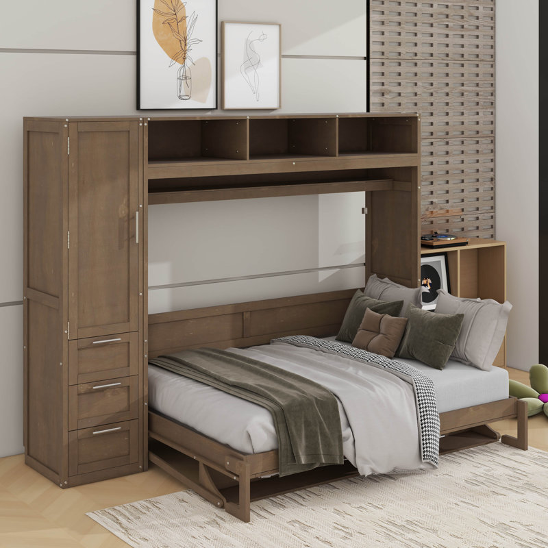 Lit escamotable double avec garde-robe, tiroirs et tablettes ouvertes