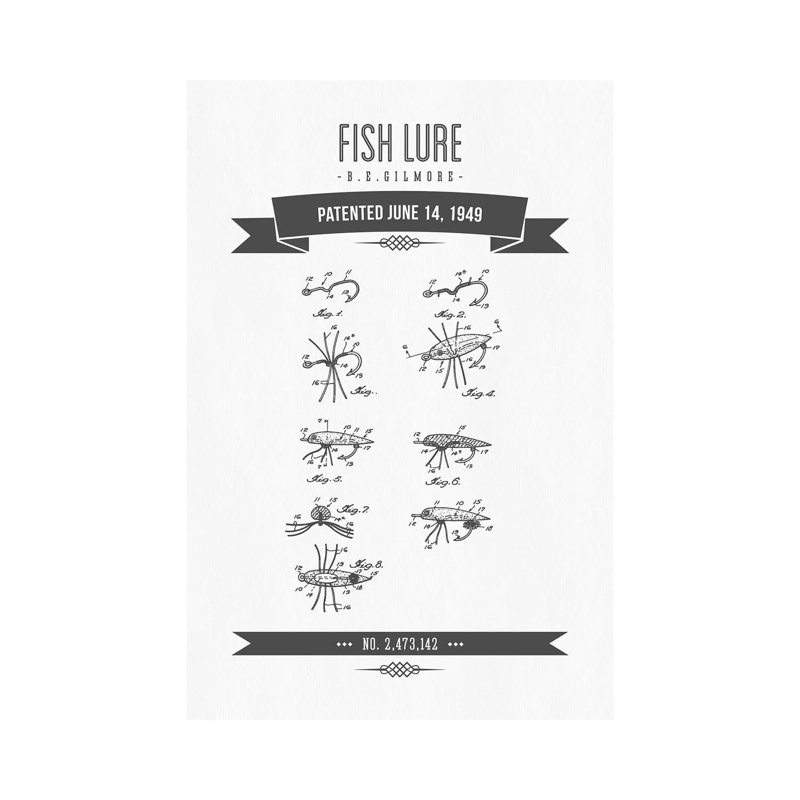 B.E. Gilmore Fishing Lure Patent Sketch Retro (Charcoal) by Aged Pixel - Wrapped Canvas Gallery-Wrapped Canvas Giclée