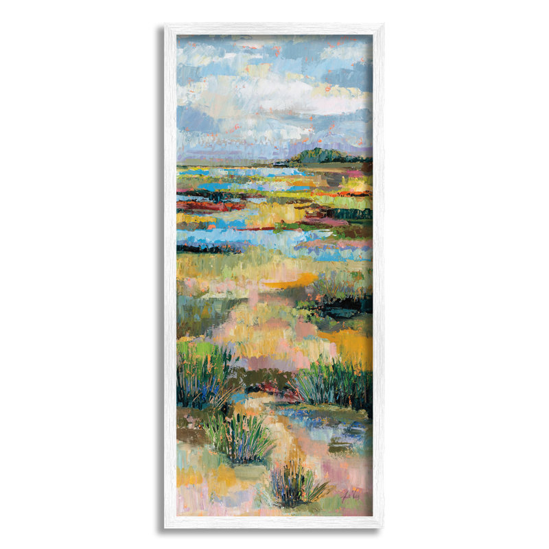 Paysage abstrait de rivière encadré sur bois, H 30 po x l 13 po x P 1,5 po, Giclée encadrée blanc bord de mer
