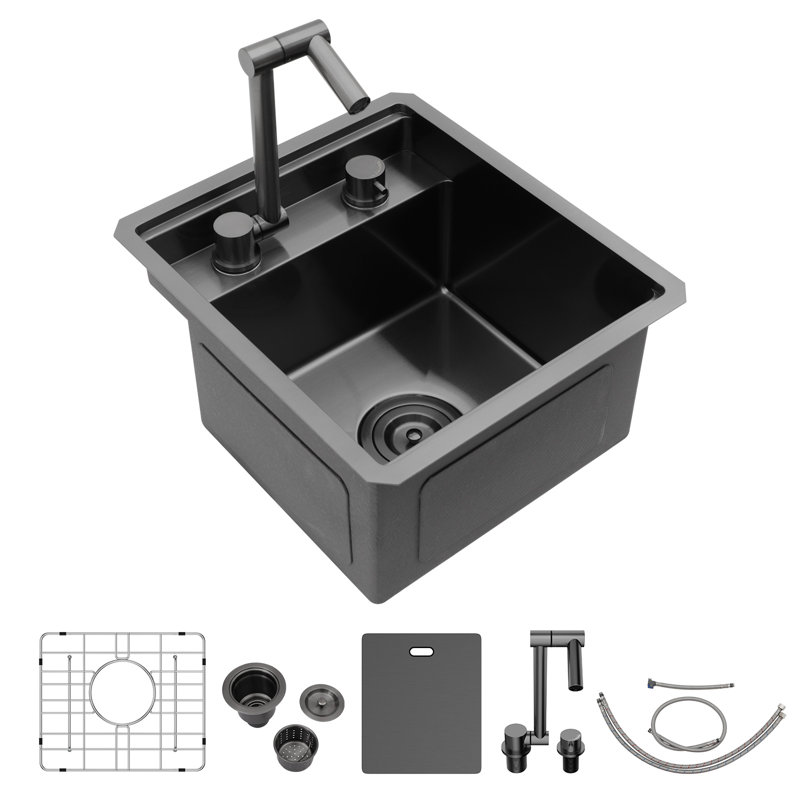 Évier de cuisine encastrable L 15 po x l 17 po avec station de travail pour station de travail pour véhicule récréatif 16G avec robinet de cuisine pliable et planche à découper