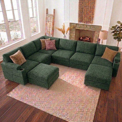Canapé d'angle modulaire surdimensionné en forme de U de 295 cm (116 pouces), 6 places, confortable, en chenille, avec assise profonde et pouf amovible.