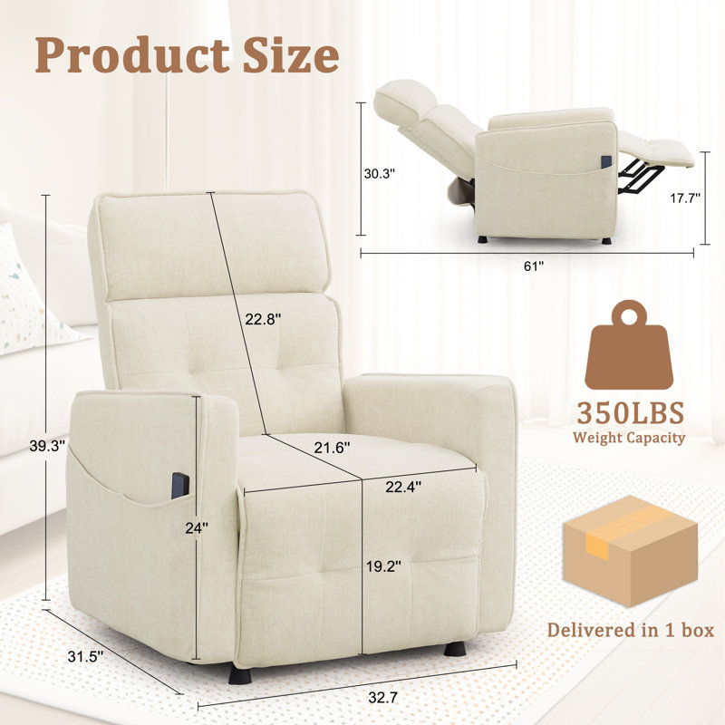 Recliner Chair, Power Recliner For Adults, Comfy Recliner For Living Recliners With One-touch Adjustment & Side Pockets