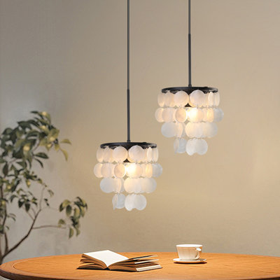 Set Of 2, Natural Layered Shell Chandelier Handcrafted Coastal Charm Shell Pendant Light With Soft Glow Plug In Pendant Light With Cord And In-Line Switch