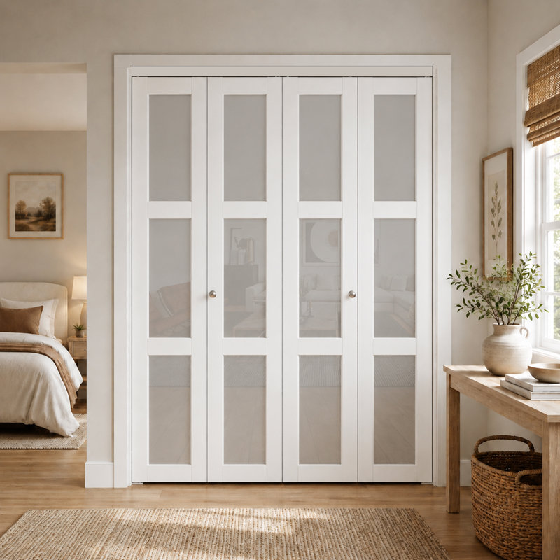  Porte pliante en verre givré 3-Lite, porte pliante en bois manufacturé massif, porte pliante intérieure avec ensemble de quincaillerie pour garde-robe, garde-manger, salle de bain, salle de lavage 48 po x 80 po