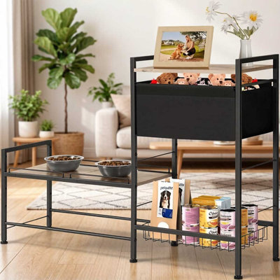 2 Tier Pet Feeding & Storage Station With Elevated Bowls, Toy Organizer Basket, And Decor Shelf