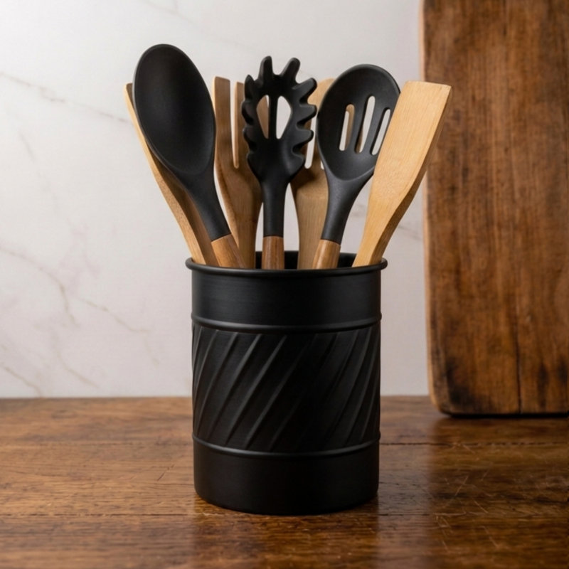 Porte-ustensiles de cuisine en métal gaufré à la main, Noir