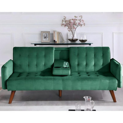 72" Sleeper Sofa Bed - Convertible Folding Backrest To Full Bed With Cup Holder & Drop-Down Table - Space Saving Linen Sofa For Small Spaces - Easy Assembly Green