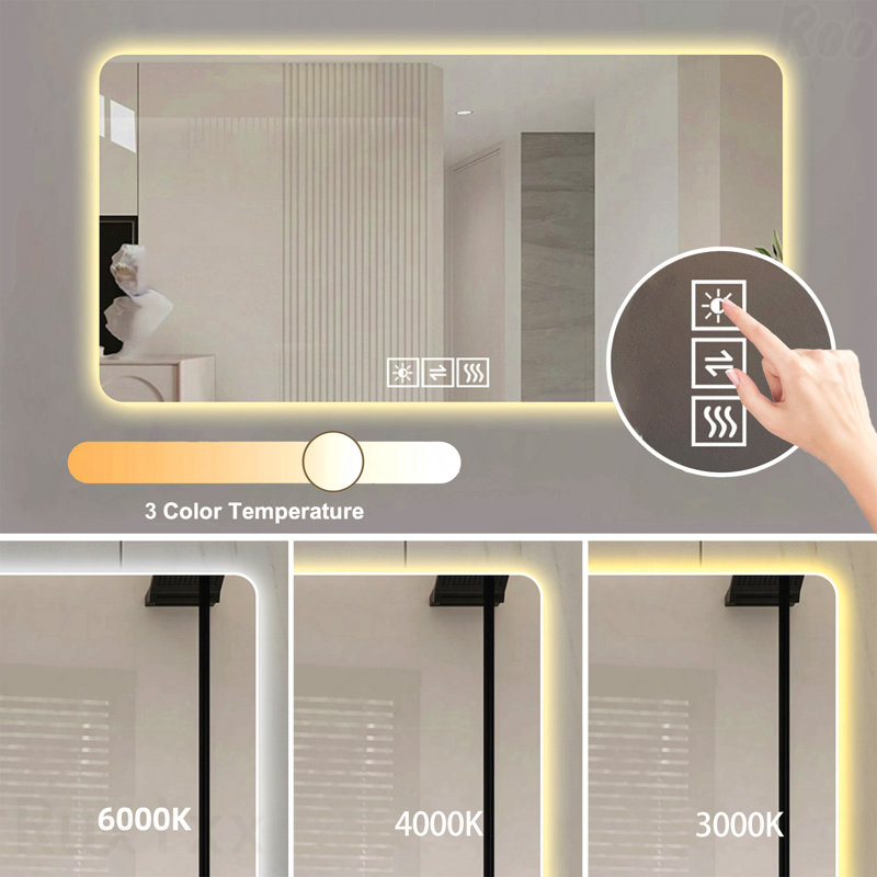 Miroir d'appoint DEL pour salle de bain - Résistant à la corrosion, 3 couleurs à intensité variable, désembuage à une touche