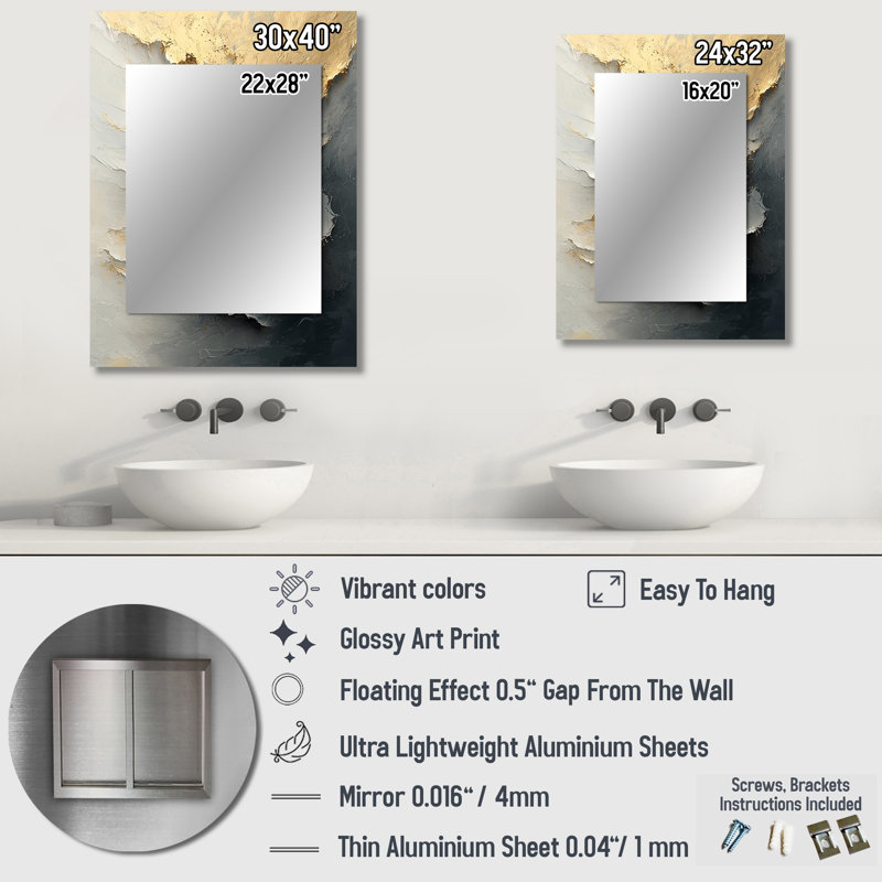 Abstract Marble In Grey And Gold Tones III - Large Wall Mirror On Metal, 40" x 30"