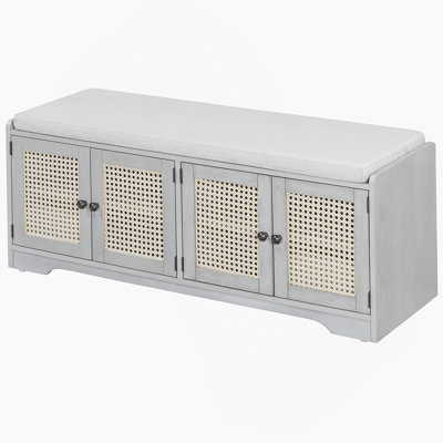 Rustic Storage Bench Multifunctional Wood Entryway Shoe Bench With Removable Cushion, Woven Rattan Doors & Adjustable Shelves For Hallway, Living Room by One Allium Way