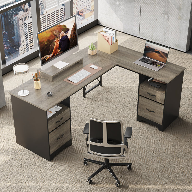 Daymen 63" W L-Shaped Desk with Filing Drawer, Gray Wash/Black