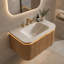 Meuble-lavabo de 76 cm avec lavabo intégré, bord incurvé et tiroir, éclairage à détecteur de mouvement, lavabo intégré en pierre frittée cintré à chaud, préassemblé, couleur bois naturel.-2054644050-2054644052