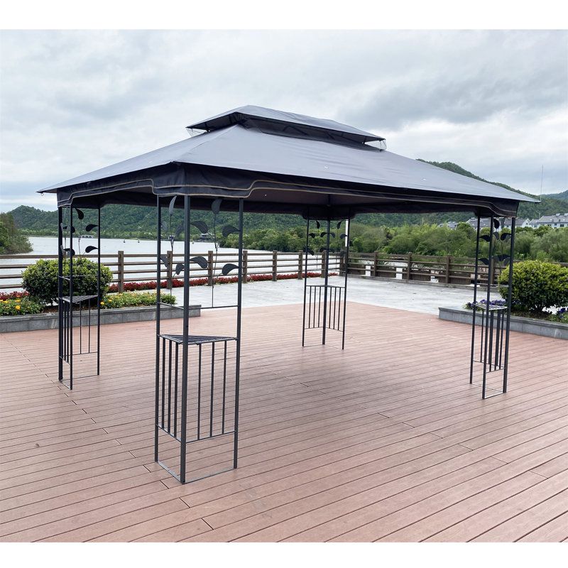 Tente de pavillon de jardin 13x10 avec double toit ventilé et moustiquaire, Gris, Gris