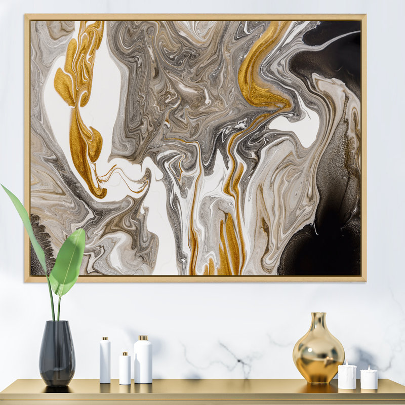 Vagues de marbre dorées et grises - peinture sur toile, H 24 po x l 32 po, Cadre flottant érable