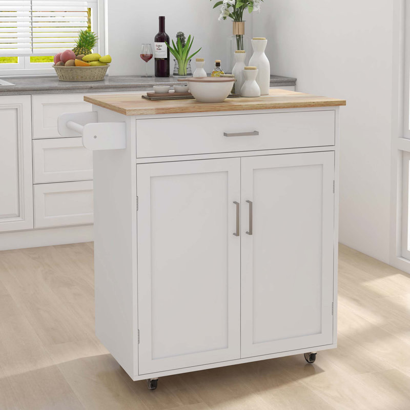 Chariot de cuisine à roulettes avec 1 tiroir et 2 portes avec tablettes réglables, porte-serviettes et plateau de table
