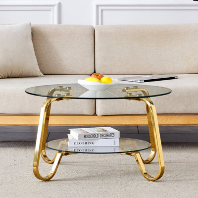 Table basse en verre trempé à double couche de style rétro avec cadre en métal seulement la table, sans chaises.