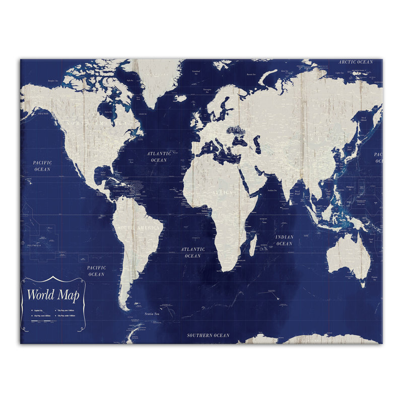 Carte du monde bleu marine sur toile, H 11 po x l 14 po x P 1,25 po