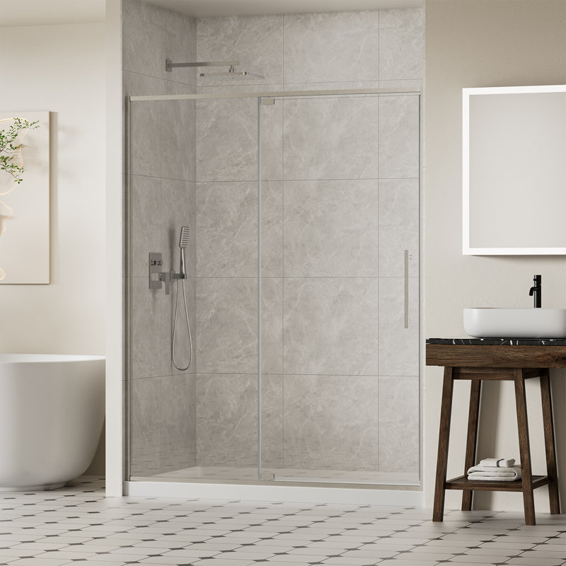 Porte de douche pivotante en verre de 56 à 60 po x H 74 po, porte de douche à cadre pivotant avec verre trempé de 5/16 po (8 mm), portes de douche à finition chromée, panneau de verre coulissant réglable en largeur