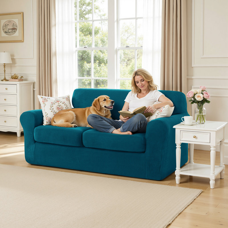 3 Piece Stretch Jacquard Couch Cover, Sofa Slipcover for 2 Cushion Couch, Machine Washable Furniture Protector(Loveseat, Turquoise)