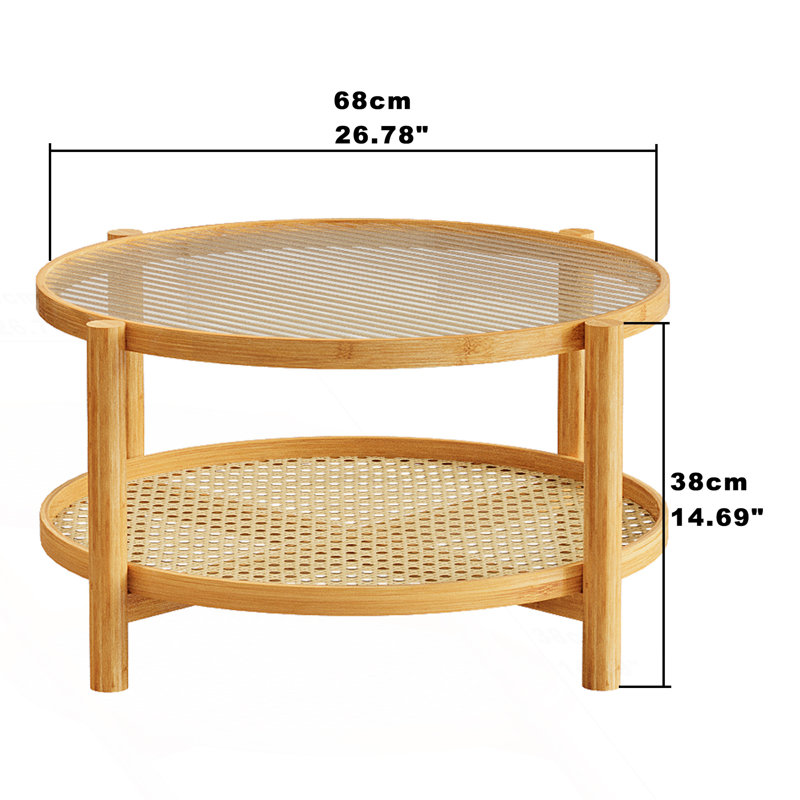 Table basse en rotin, table basse en bambou à 2 niveaux avec plateau en verre et tablette de rangement