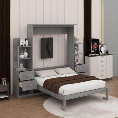 Grand lit escamotable avec tablettes, tiroirs et DEL
