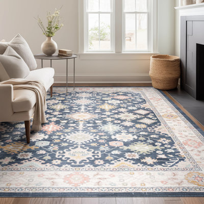 Ellen Traditional Oriental Navy Polyester Rectangle Area Rug