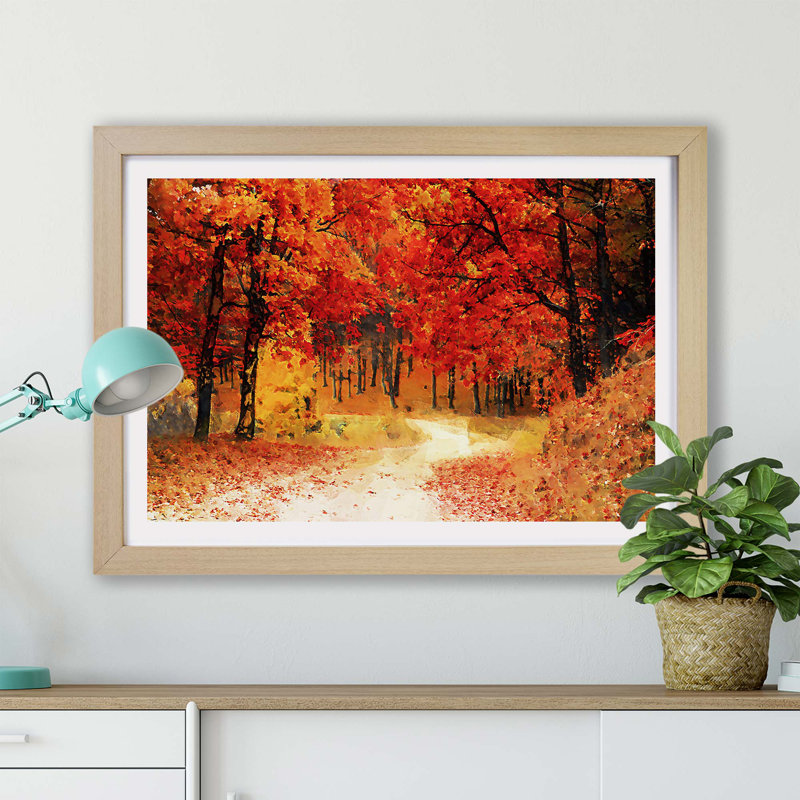 Path Through The Forest At Autumn - Single Picture Frame Painting, Oak, 62cm H x 87cm W x 2cm D