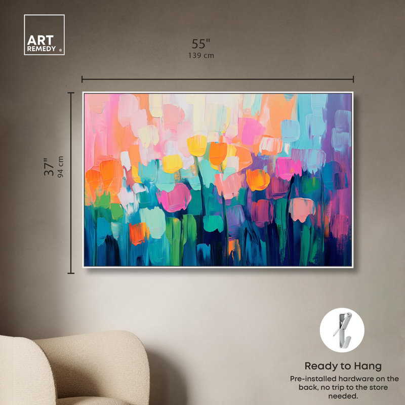 Art, art floral, fleurs abstraites, II, H 37 po x l 55 po, Cadre flottant blanc