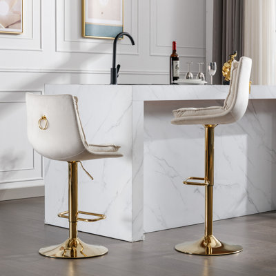 Ensemble de 2 tabourets de bar pivotants réglables avec revêtement en velours, repose-pieds chromé et pieds dorés pour les cuisines et les bars modernes