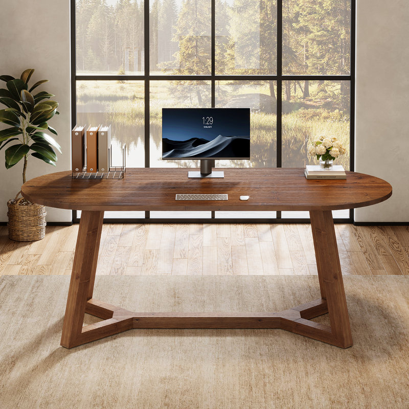 63-inch Solid Wood Home Office Desk, Oval Executive Desk With Sturdy Tapered Legs